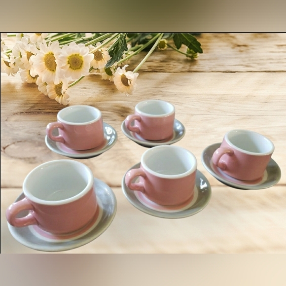 Vintage Shenango China Mug Saucer Set Of 5 Pink Gray Restaurant Ware - Picture 1 of 9